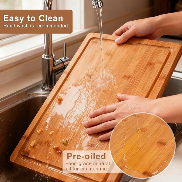 TAFOPUE BAMBOO CUTTING BOARD, LARGE KITCHEN CHOPPING BOARD WITH DEEP JUICE GROOVE & BUILT-IN HANDLE, REVERSIBLE WOODEN CHARCUTERIE BOARD AND SERVING TRAY FOR MEAT, BREAD, FRUIT, DAILY USE, 16×11×0.6”