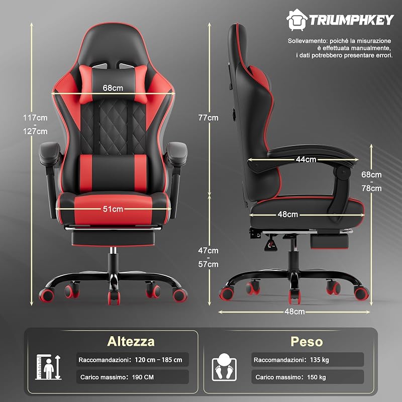 Sedia da Gaming Massaggiante,Sedia Gamer con Poggiapiedi Telescopico,Regolabile 90-150°,Poltrona da Gaming con Poggiatesta e Cuscino Lombare, Ufficio,Portata 150kg(Rosso)