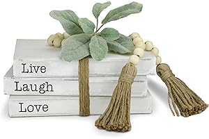TenXVI Designs Decorative White Books, Set of 3 - Live Laugh Love Stacked Books - Rustic Farmhouse Accent Decor, Entryway Shelf, Mantel and Bedroom Night Stands with Bead/Flower Bundle