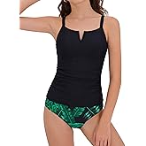 Weixinbuy Teen Girls Swimsuits 2 Piece V-Neck Bathing Suits Ruched Tankini Top+Tropical Printed Bottom Swimwear Set for 9-16Y