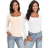 YYA 2 Piece Basic Long Sleeve Shirts for Women Thermal Warm Tops Crew Neck Stretch Fitted Undershirts Layer Tee S-XXL