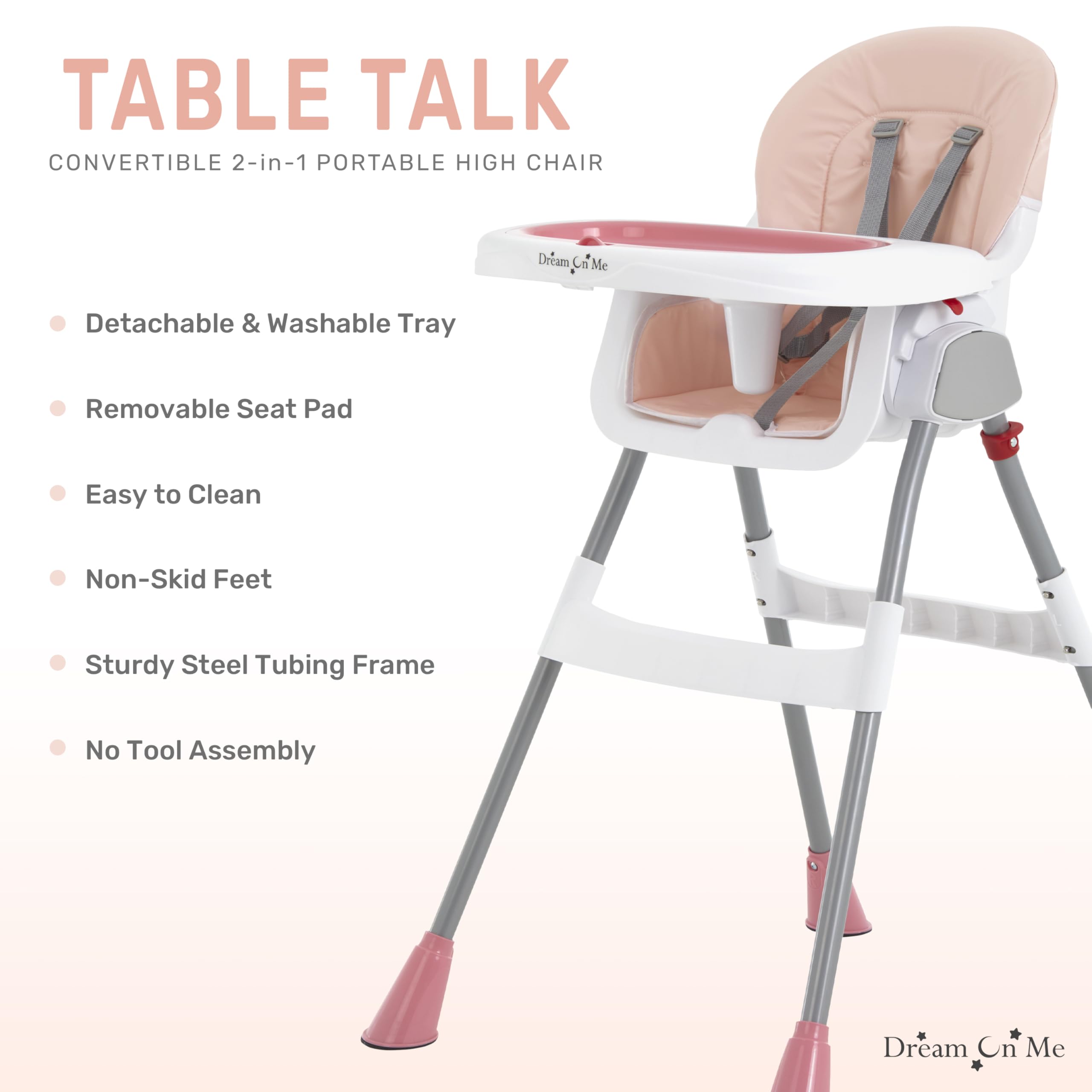 Dream On Me Portable 2-in-1 Tabletalk High Chair in Pink, Three Adjustable Height Settings, Lightweight Portable High Chair, Easy To Clean and Removable Tray