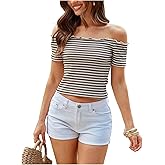 WDIRARA Women's Off Shoulder Stripe Crop Tops Knit T Shirts