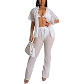 ZERMOM Women's 2 Piece Crochet Outfits Hollow Out Swimsuit Button Up Tops Wide Leg Pants Beach Sets