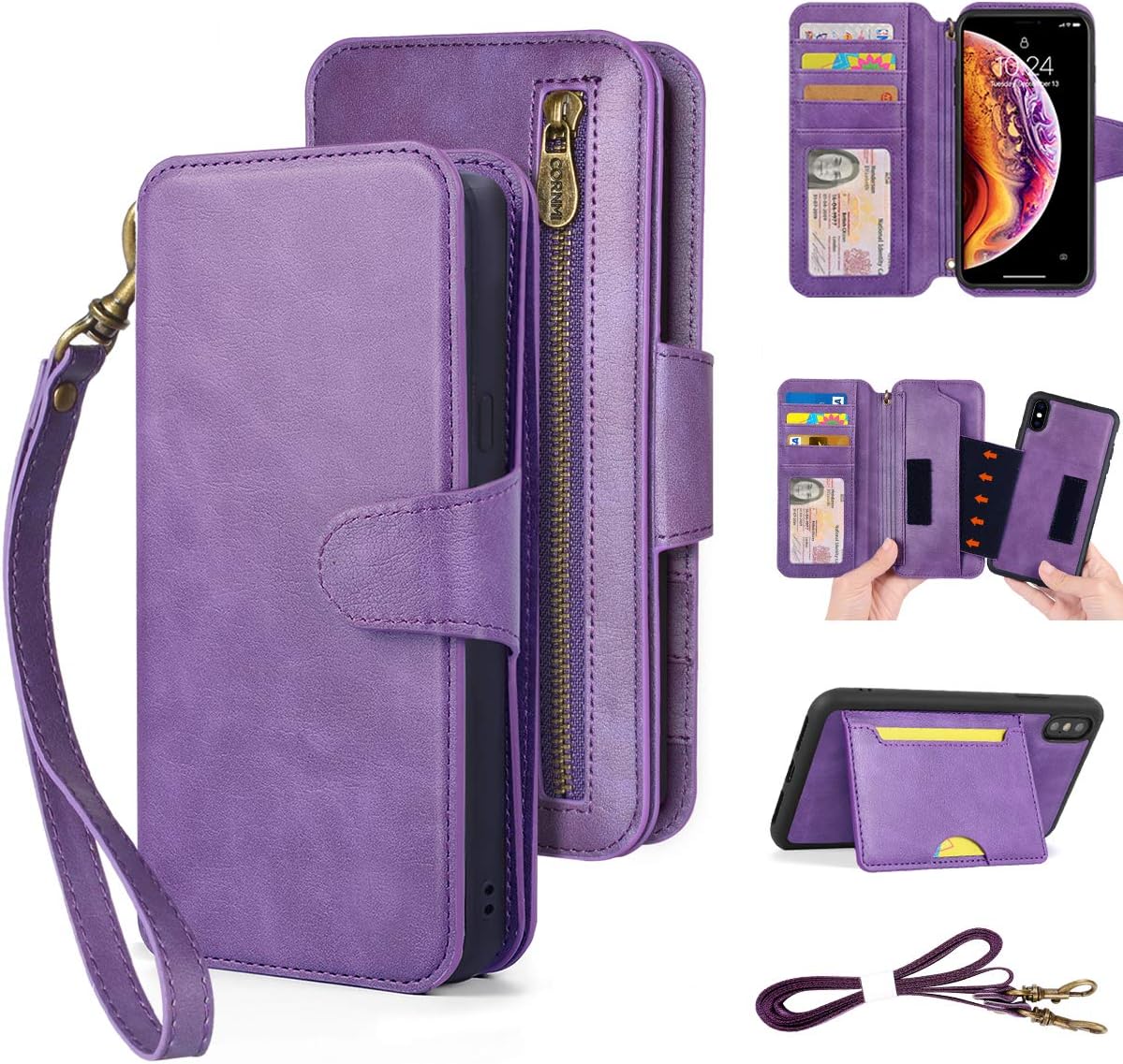 CORNMI iPhone Xs Max Wallet Case, 13 Card Holders Crossbody Wrist Strap Mirror Kickstand Detachable Purse Leather Folio Zipper Pocket Flip Protective Cover Purple