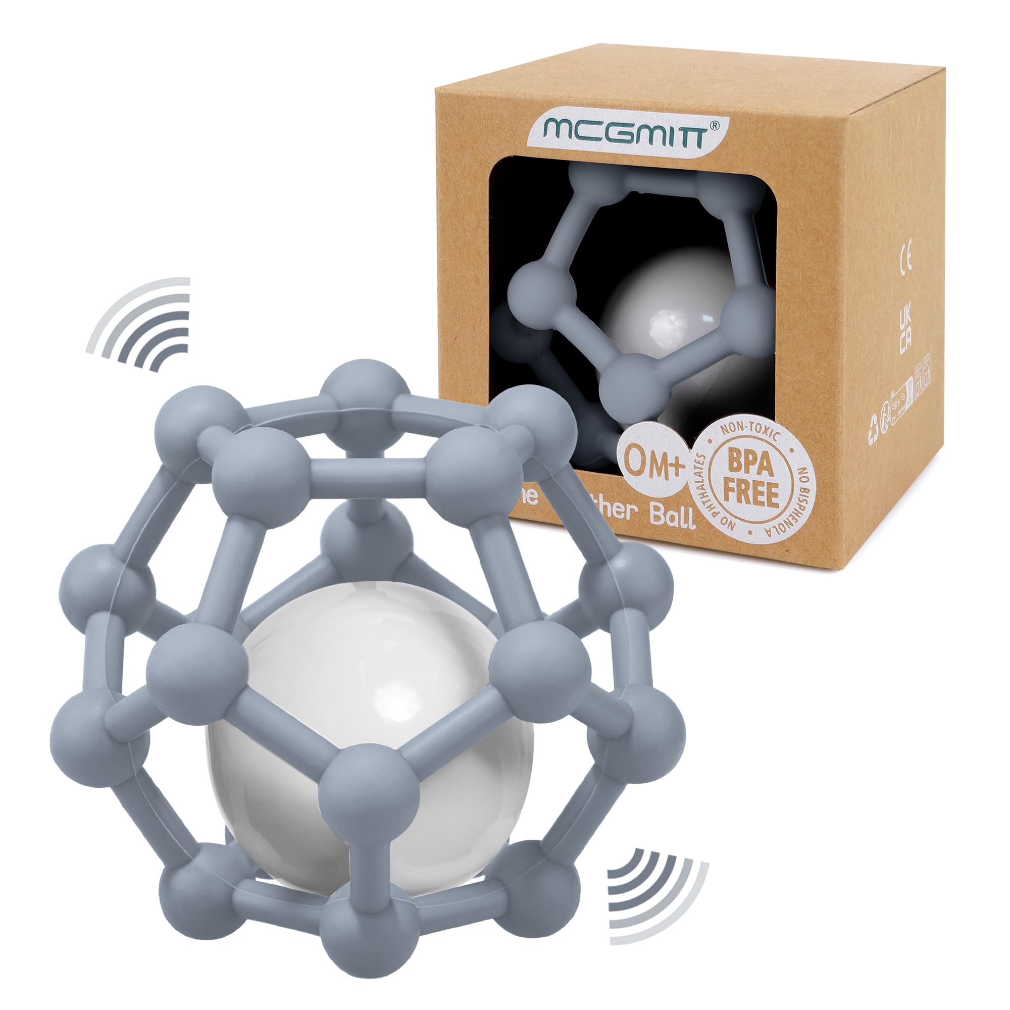 MCGMITT Baby Teething Toys for Babies 0–12 Months, Silicone Teething Ball with Rattle, Soft Sensory Baby Toy to Grab & Chew, BPA-Free Teether for Newborns & Infants, Baby Gift (Grey)