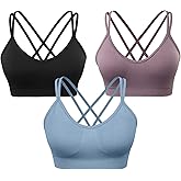 VEQKING Women's Cross Back Sports Bra Padded Strappy Medium Support Yoga Bra for Workout Fitness 3 Pack