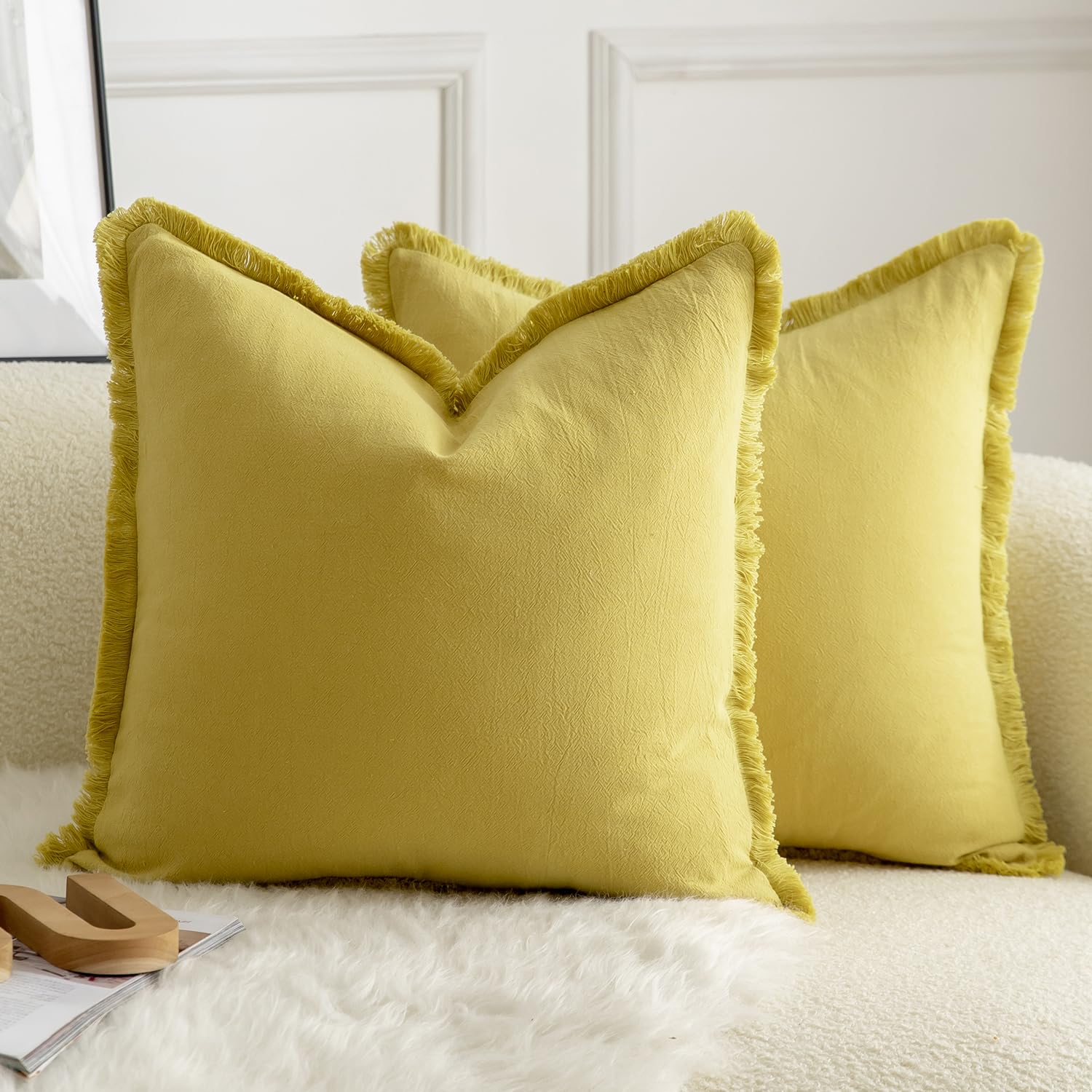 Mandioo Set of 2 Neutral Cotton Fringe Cushion Covers 45x45 cm 18x18 inch Decorative Boho Farmhouse Throw Pillowcase Cozy Tassels for Couch Sofa Bedroom Living Room Home Decor Mustard yellow