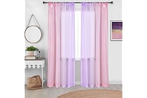 DECOVSUN Purple and Pink Sheer Curtains for Girls Bedroom Decor 2 Panels Rod Pocket Ombre Gradient Transparent Sheer Curtains for Living Room Decoration All Year Girls Gift Wedding Party Backdrop 52X84 Inch