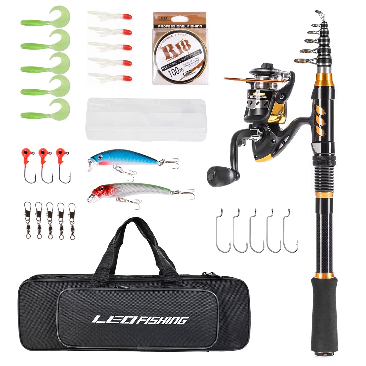 LEOFISHING Portable Gold Telescopic Fishing Rod and Reel Combos Set Carbon Fiber Fishing Pole with Full Kits Carrier Bag for Travel Saltwater Freshwater (Rod and Reel Combos, 2.1m/6.89ft)