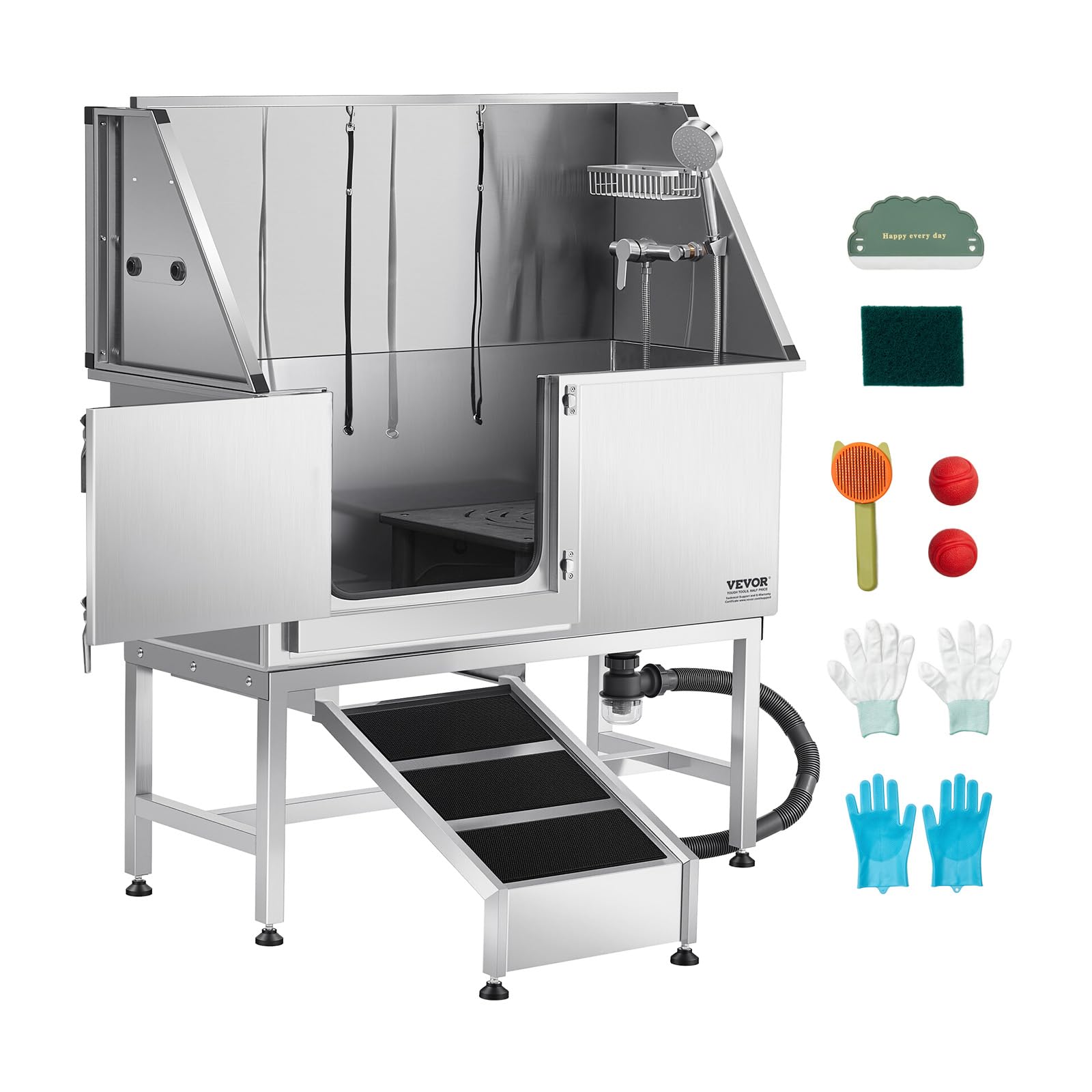 Photo 1 of VEVOR Stainless Steel Dog Washing Station, 50 inch Pet Grooming Tub w/Ramp, PE Water Filter Board, Faucet & Showerhead & Soap Holder Dog Bathtub for Large & Medium & Small Pets (Left Door)