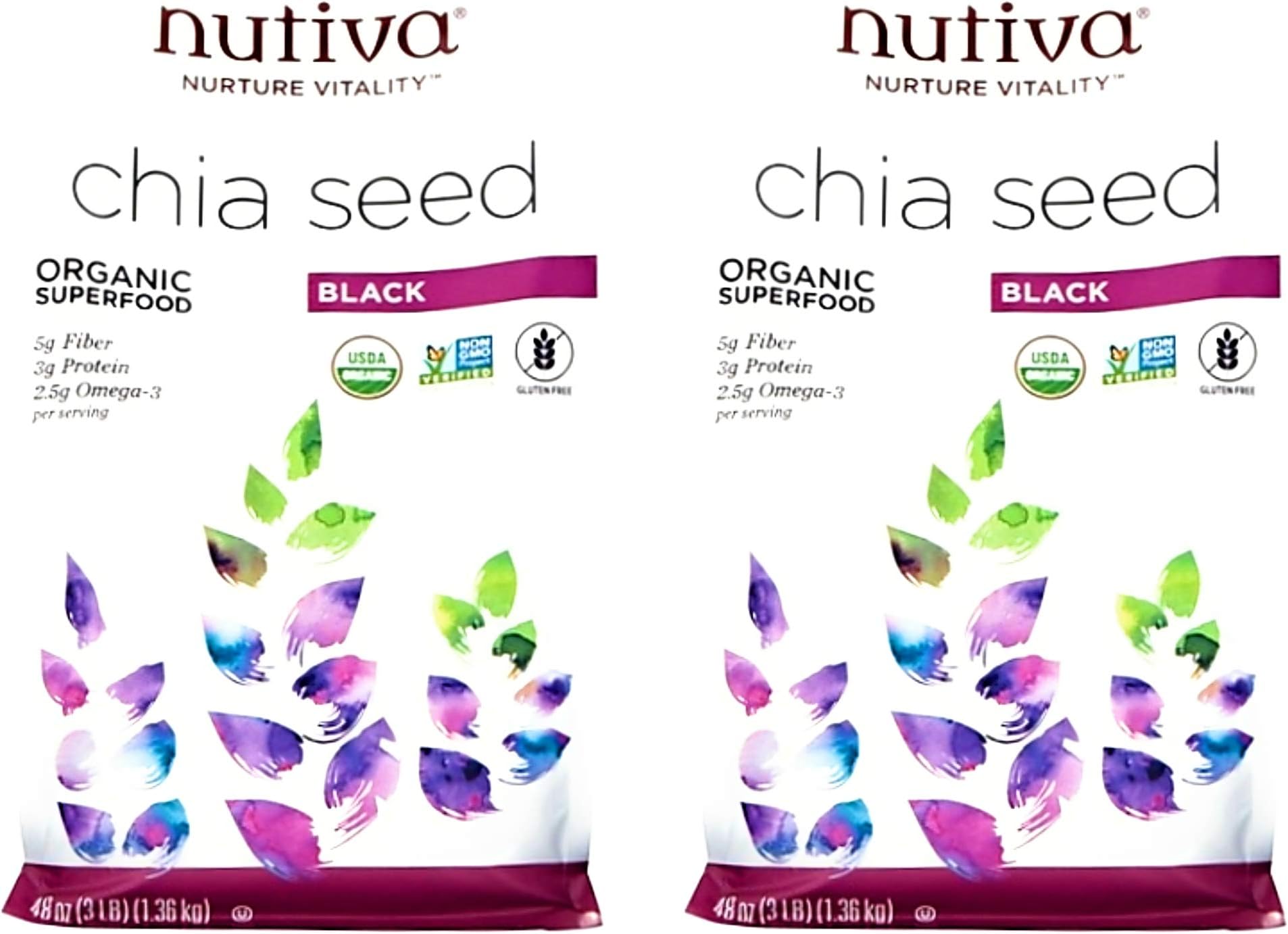 Nutiva Nurture Vitality Organic Raw Black Chia Seeds Gluten Free Superfood - Bulk Pack of 2 Bags - 96 oz Total - Non GMO Project Verified, Vegan, 5g of Fiber, 3g Protein, 2.5g Omega 3 Per 12 grams