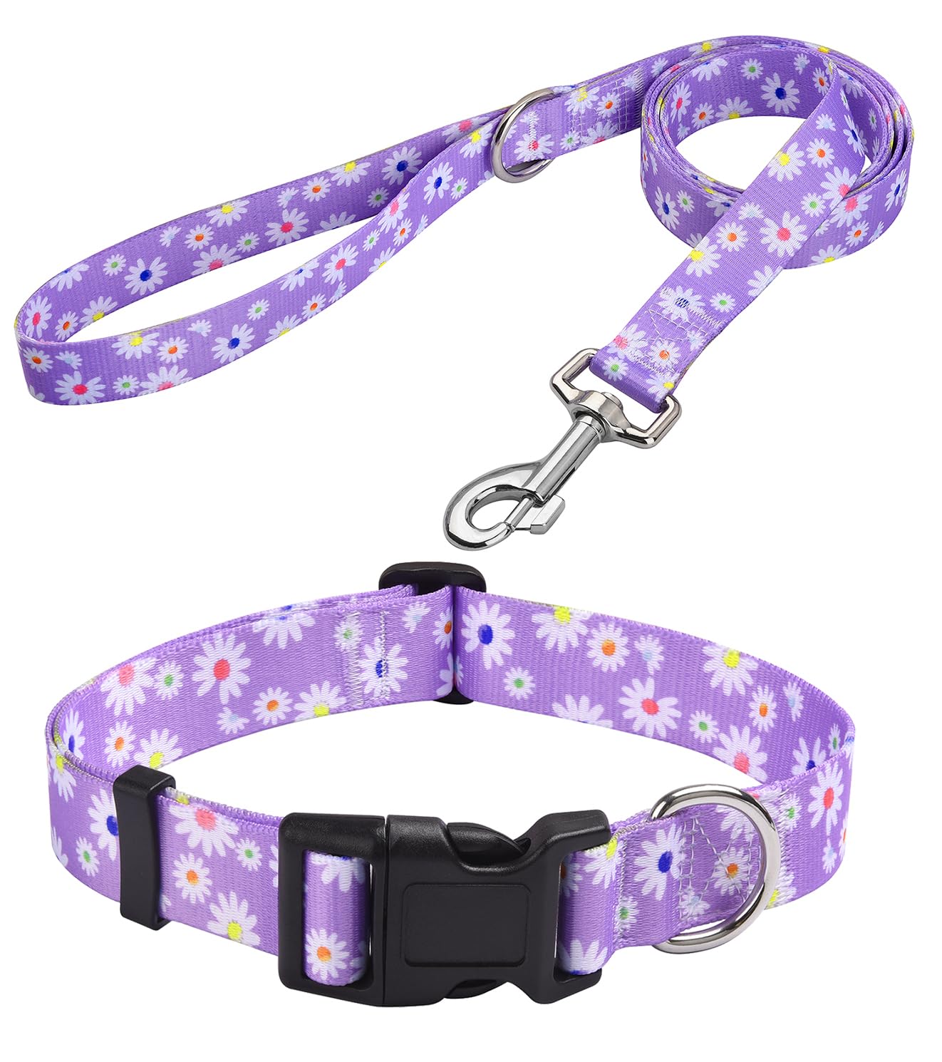 MarukoPet Dog Collar and Leash Set, Adjustable for Small Medium Large Dogs Puppy, Cute Design with Bohemia Floral Tribal Geometric Patterns Boys Girls Dog Collar(Purple Daisy Set,XS)