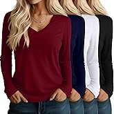 Huukeay 4 Pack Women's V Neck Long Sleeve T Shirts Basic Tops Casual Fall Loose Fit Blouse Tee Clothes Fashionable Outfits