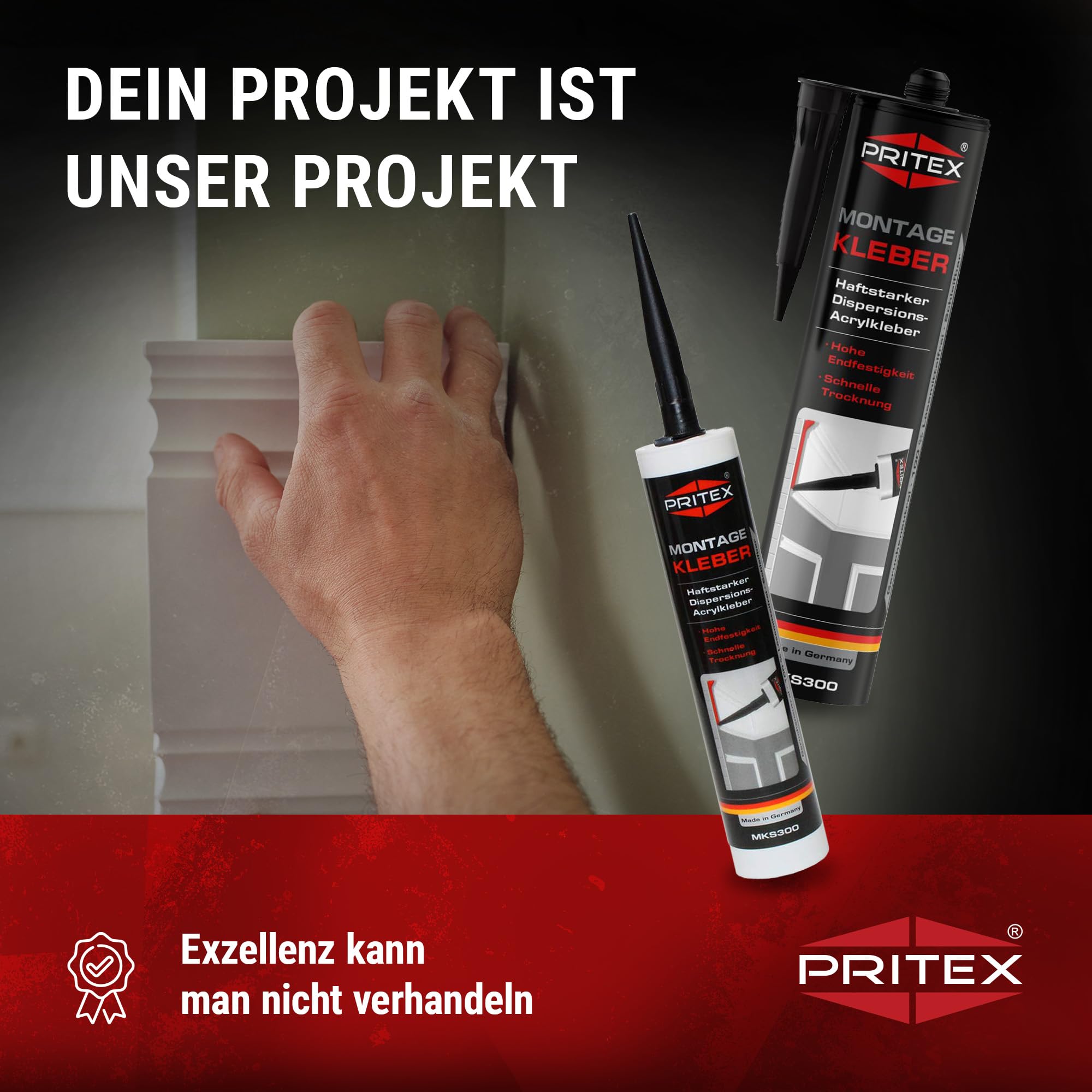 PRITEX – Profi Montagekleber Weiß 10x 300 ml – Baukleber für Holz-Paneele, Kabelkanäle, Sockelleisten, Styropor, Fliesen, Beton uvm. – haftstarker Universalkleber auf Acrylatdispersion-Basis für innen 6