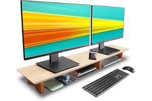 Aothia Large Dual Monitor Stand Riser, Solid Wood Desk Shelf with Eco Cork Legs for Laptop Computer/TV/PC/Printers, Perfect Desktop Stands Organizer with Underneath Storage for Office Accessories