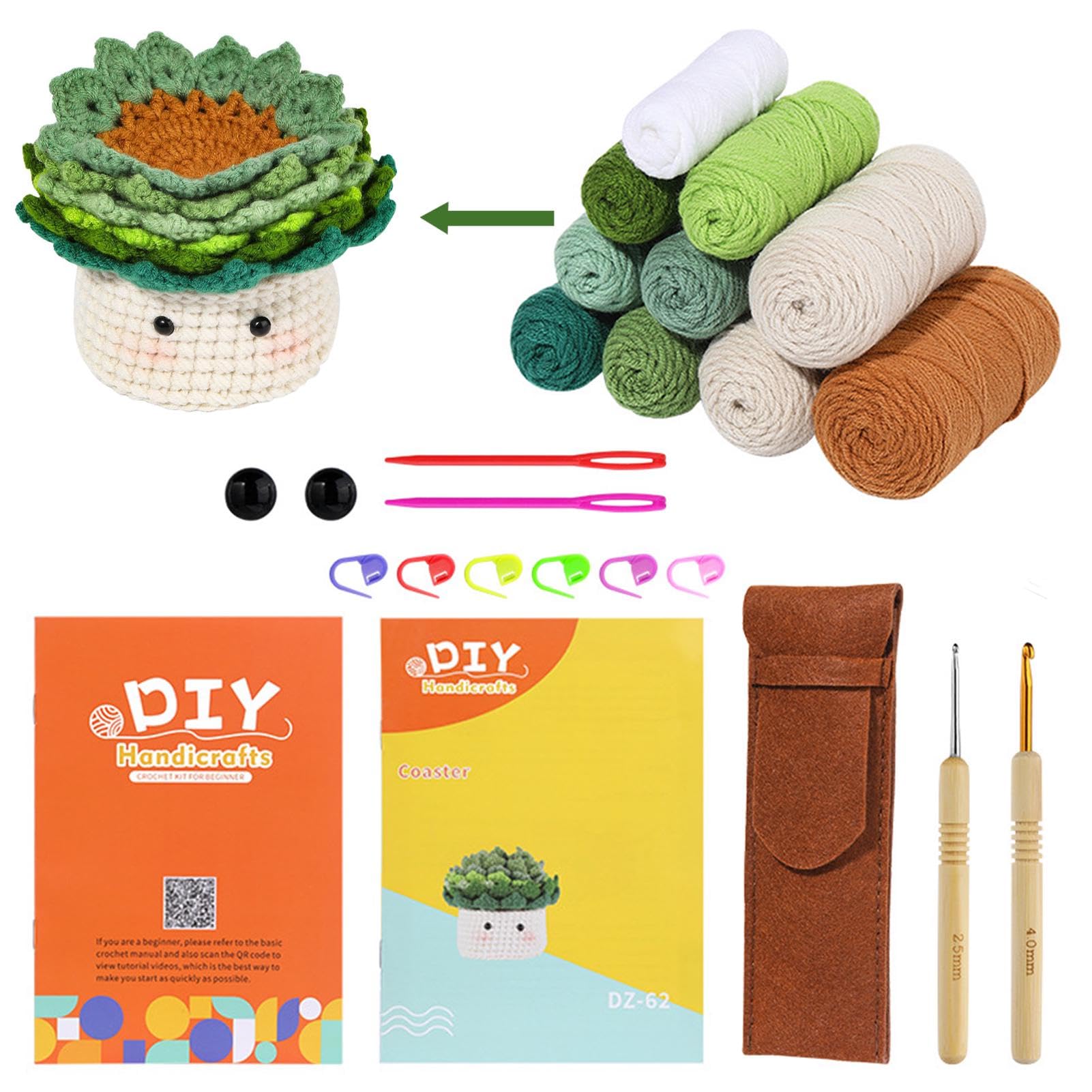 FDKJOK Crochet Kit for Beginners, 6 PCS Handmade Coasters in a Plant Pot Crochet Kit with Step-by-Step Instructions and Tutorials, Beginner Crochet Kit, Complete Crochet Starter Kit(Multicolor)