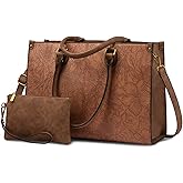 LOVEVOOK Laptop Tote Bag for Women, 15.6 Inch Large Capacity Vintage Leather Work Computer Bag, Business Casual Shoulder Handbag, Brown Embossed