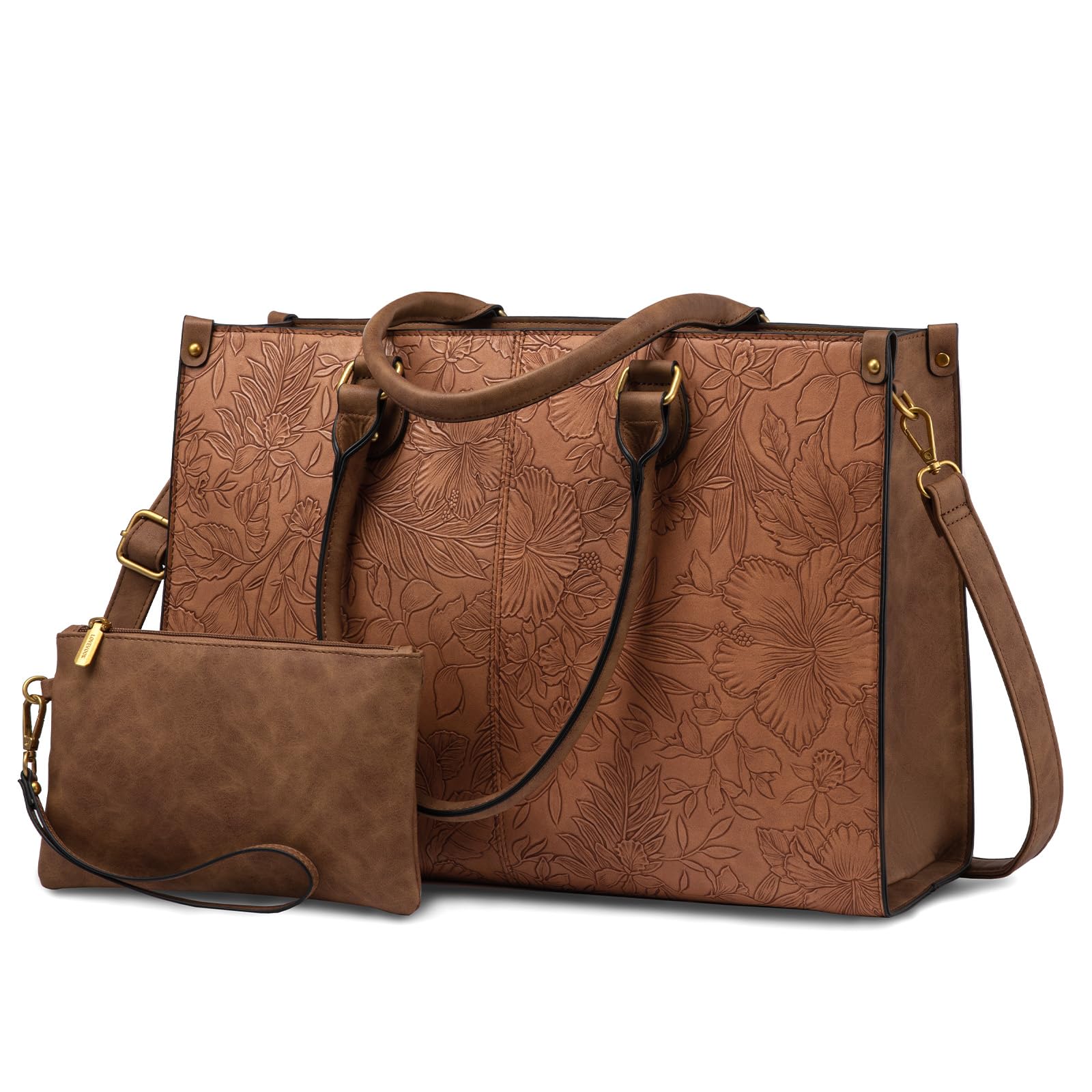 Photo 1 of LOVEVOOK Laptop Tote Bag for Women, 15.6 Inch Large Capacity Vintage Leather Work Computer Bag, Business Casual Shoulder Handbag, Brown Embossed