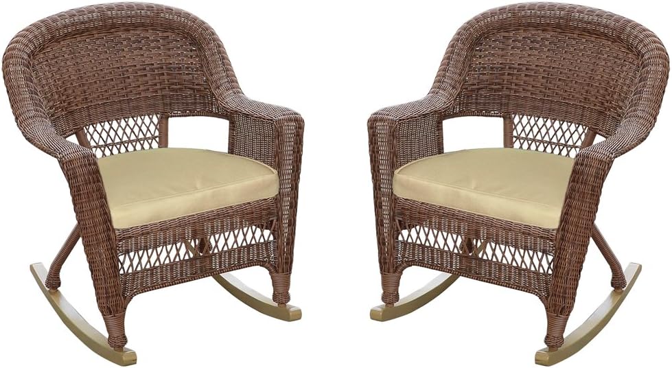 Jeco Rocker Wicker Chair with Tan Cushion, Set of 2, Espresso: Furniture & Decor