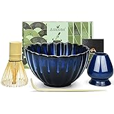 Artcome Matcha Tea Set - 17oz Petal-Shaped Matcha Bowl, Bamboo Whisk, Scoop, Whisk Holder & Brewing Guide - Japanese Tea Ceremony Tools for a Perfect Matcha Experience, Dark Blue