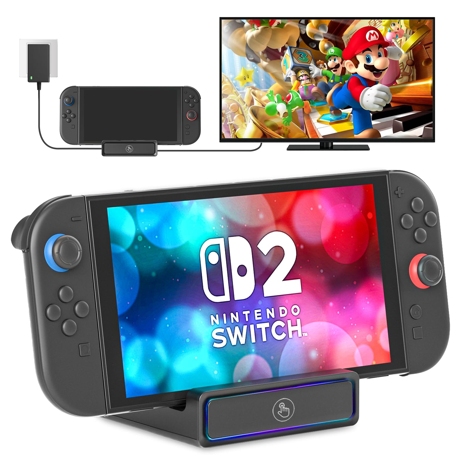 Switch 2 Dock for Nintendo Switch 2, Portable TV Docking Station Replacement with 4K@144Hz, USB Port, Type C 100W Charging, Portable Switch TV Adapter with RGB Light