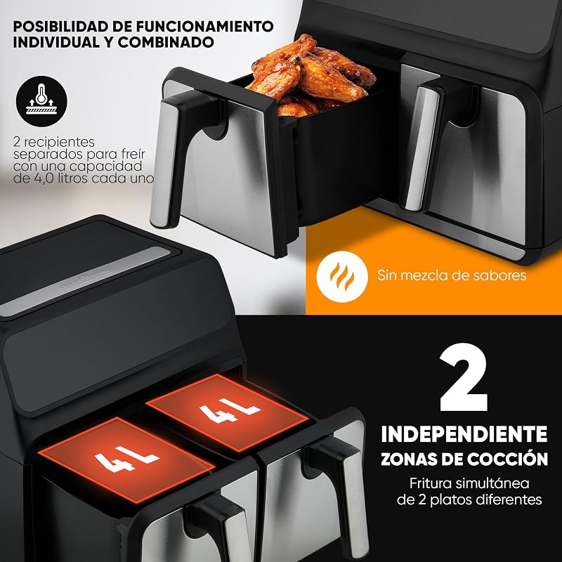 Proficook, Freidora de Aire Caliente Doble Compartimento 8L PC-FR1287H, 2 Recipientes de 4L, Acero Inoxidable, 9 Programas Automáticos, Ahorro de Energía, Apagado Automático, Freidora de Aire