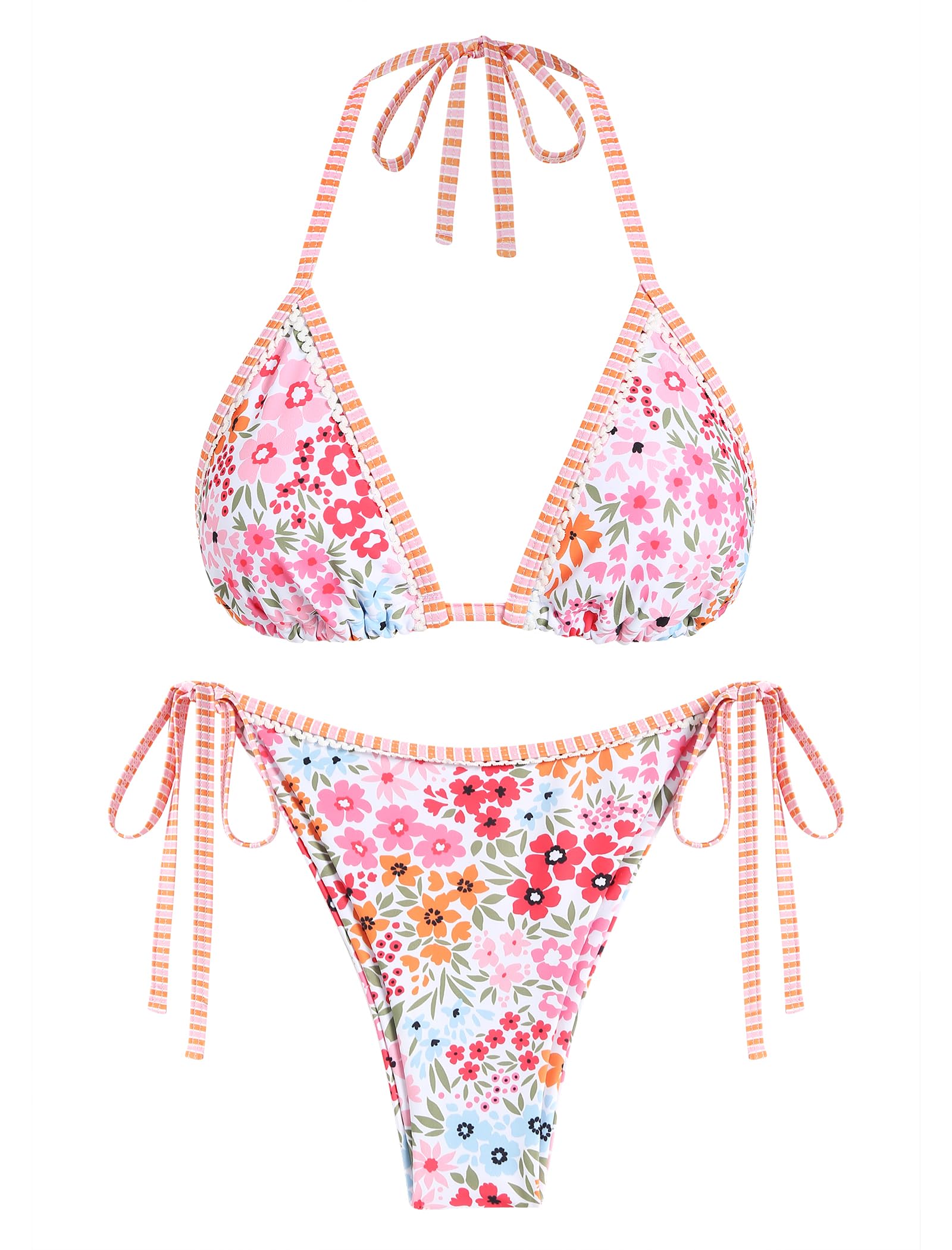 Photo 1 of ZAFUL Triangle Bikini for Women 2 Piece Halter Bikini Sets Sexy High Cut Bathing Suit Side Tie Swimsuits Pink Floral Lace S