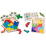 Coogam Wooden Hexagon Puzzle + Wooden Tangram Puzzle Pattern Blocks Gift for Kids Adults