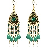 Ricarmo Bohemian Dainty Vintage Gold Crystal Teardrop Chandelier Lightweight Dangle Drop Earrings Retro Alloy Chain Fringe Hook Earrings For Women Jewelry Gifts