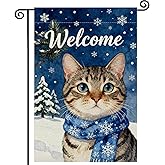 Winter Cat Welcome Garden Flag 12x18 Inch Double Sided,Snow Trees Christams Farmhouse Small Burlap Seasonal Holiday Yard Outdoor Decor CBD028