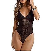 BEAUDRM Women's Sexy Floral Lace Cami Bodysuit Sheer Mesh Deep V Neck Sleeveless Party Night Out Leotard Tops