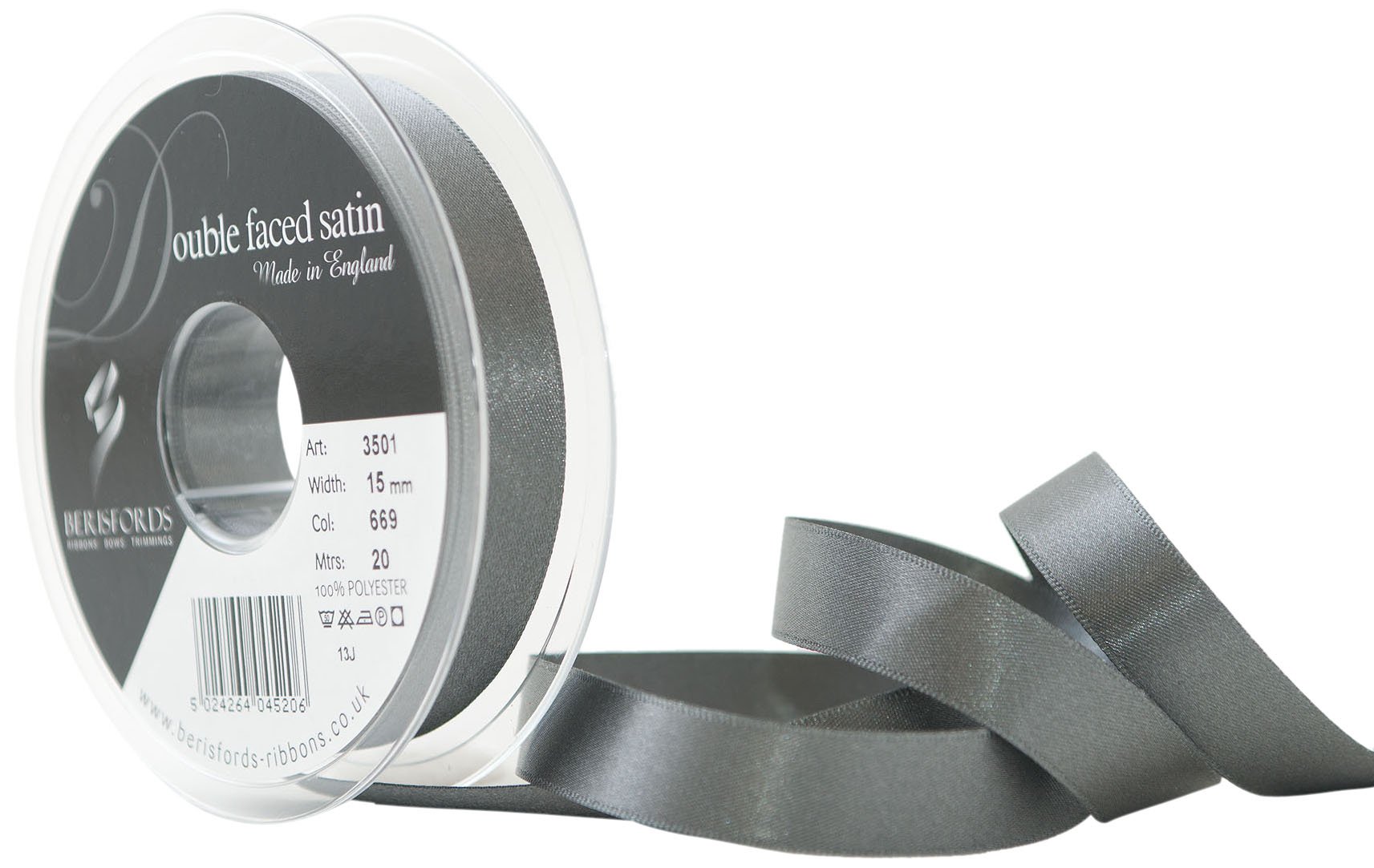Berisfords 3501 15mm 669 Smoked Grey Double Satin Ribbon x 20mtr, 15 mm