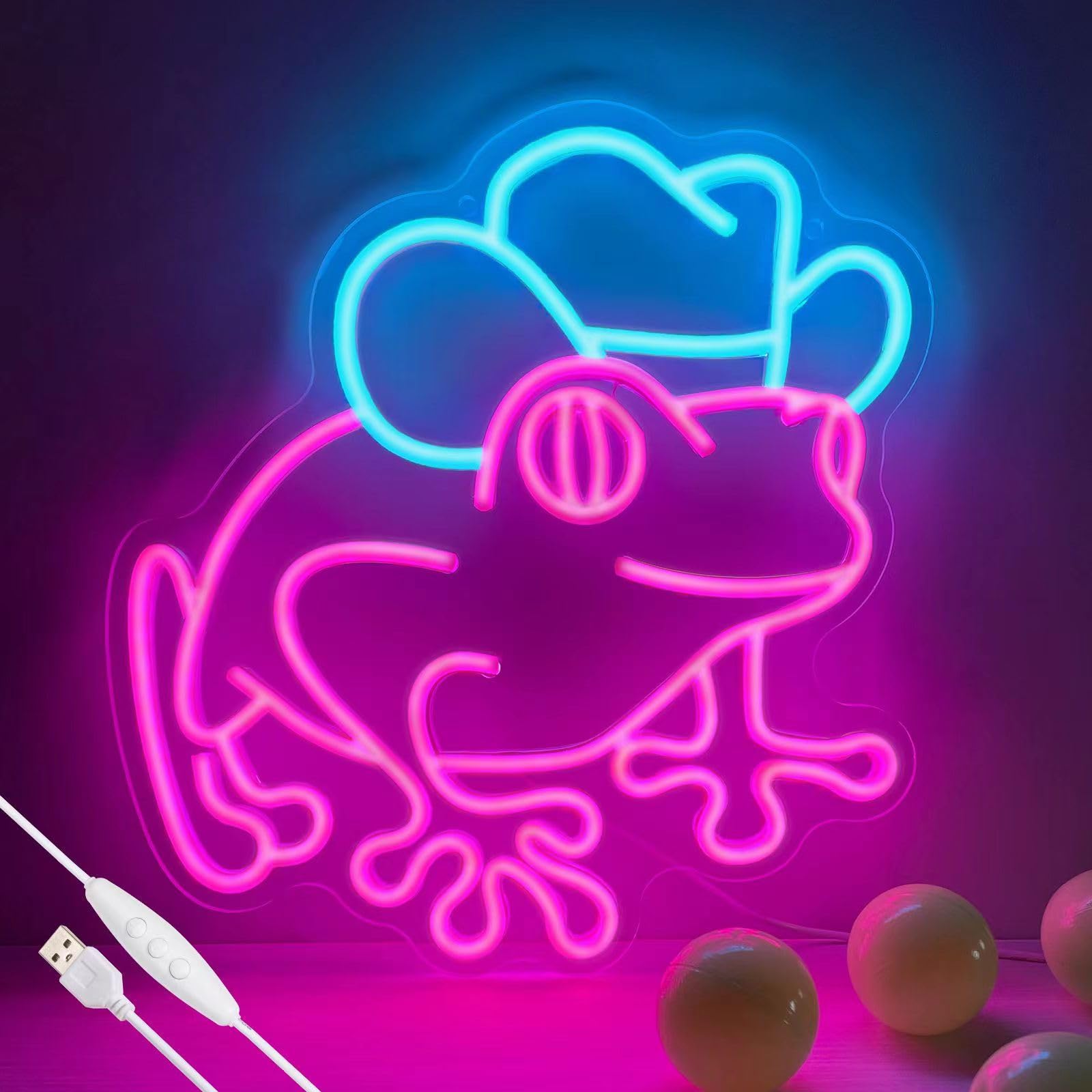Photo 1 of Cowboy Frog Neon Sign for Wall Decor Frog with Cowboy Hat Led Neon Light for Kids Room Man Cave Bar Store Home Party Art Decor Gifts, Ice Blue & Pink, Dimmable & USB Powered, 12.6" x 13.5"