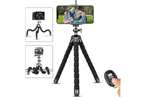 WAAO Phone Tripod,Portable and Flexible Adjustable Cell Phone Stand Holder with Remote and Universal Clip for iPhone Android Phone Compact Digital Camera Sports Camera Black