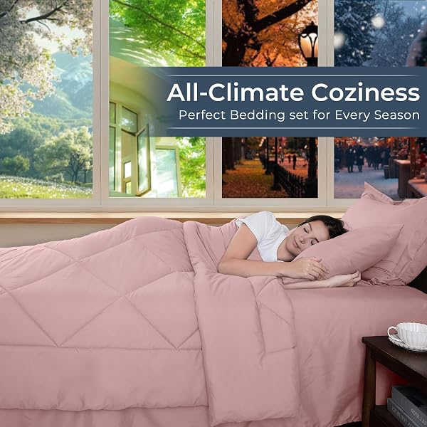 HEVUMYI DUSTY PINK FULL COMFORTER SET – 7-PIECE ALL SEASON BED IN A BAG FULL, ULTRA SOFT BEDDING SET WITH COMFORTER, FLAT SHEET, FITTED SHEET, PILLOWCASES, PILLOW SHAMS