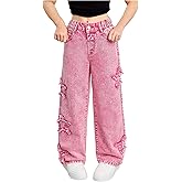 BEAUDRM Girl's Star Patched Y2k Jeans Wide Leg Elastic High Waist Denim Pants Streetwear