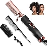 Hot Comb,Travel Curling Iron Double Voltage 110-240V with European Plug Adapter,12 Temp Settings Straightening Comb for Black Hair,Pressing Combs for Straight/Curling