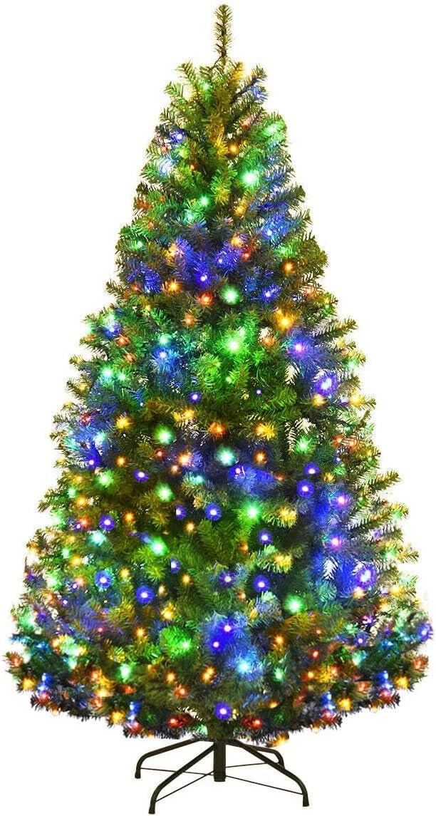 Trees - Goplus 5FT Pre-Lit Artificial Christmas Tree, Hinged Xmas Tree with 150 Dual-Colored LED Lights, 11 Flash Modes, 600 PVC Branch and Foldable Base, for Indoor Holiday Decor