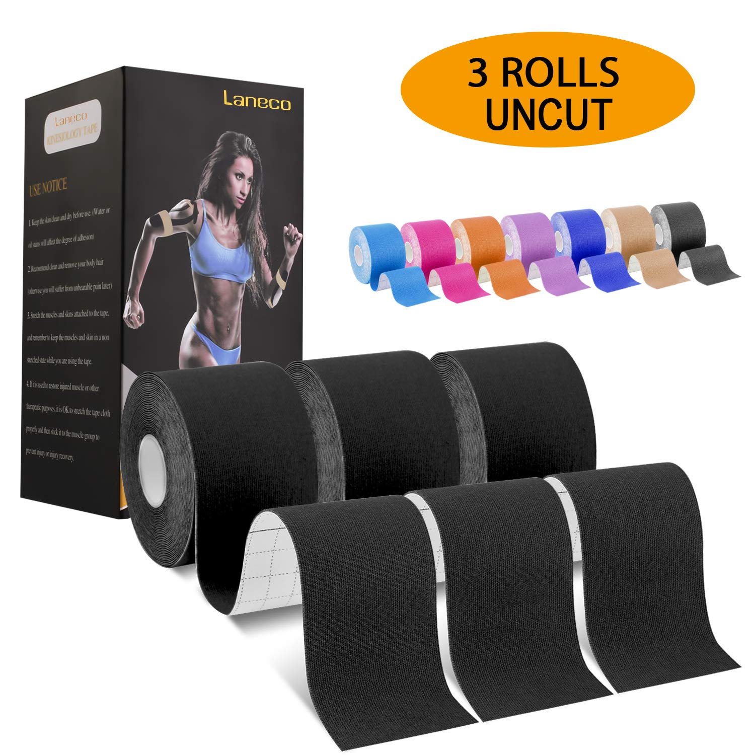 Laneco Kinesiology Tape (19.7ft Uncut Per Roll, 3 Rolls), Latex Free Physio Tape, Breathable, Water Resistant Sports Tape for Muscles & Joints, Pain Relief and Injury Recovery, Free Taping Guide