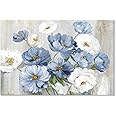Goldfoilart Blue Flower Picture Wall Decor White Floral Wall Art for Living Room Canvas Modern Bathroom Paintings Large Framed Artwork Prints for Bedroom Bathroom Office 36" x 24"