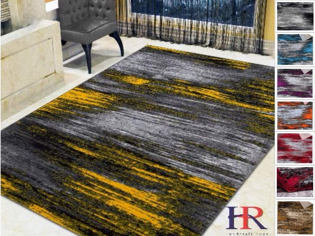 HR - Yellow/ Grey/ Silver/ Black/ Abstract Contemporary Modern Design Brushed Colors Area Rug (7'8" X10')
