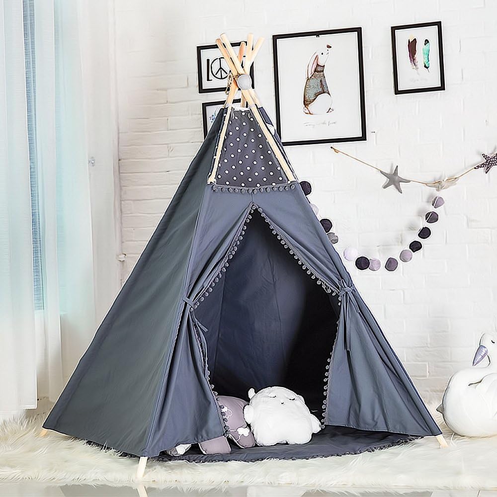 Wonderスペースkids Teepeeポンポンテント 5 Large手作りグレーレースポンポン付きコットンキャンバス再生テント子供用playhouse By 5辺壁ドアとウィンドウ キッズテント おもちゃ Amazon