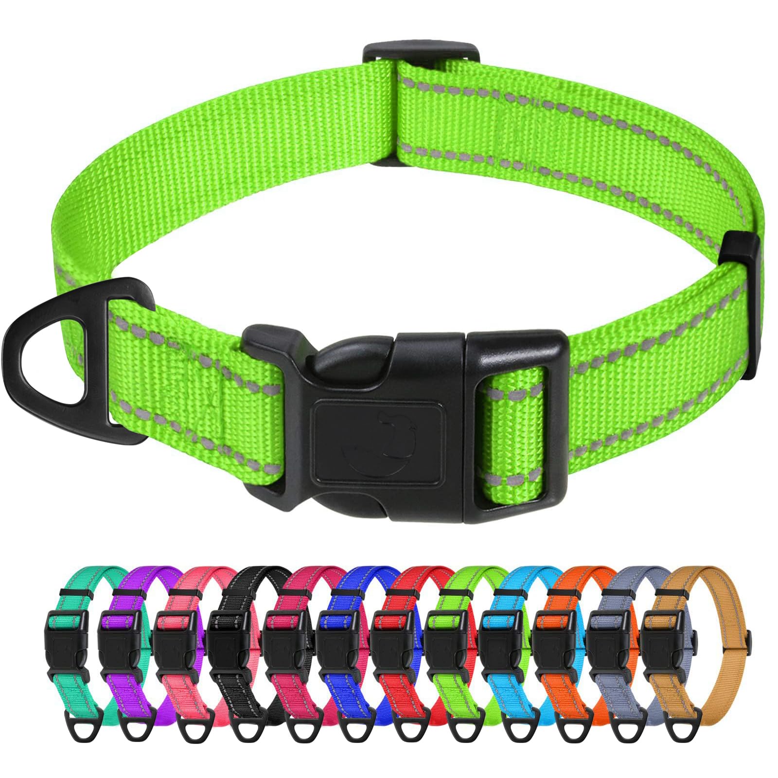 TagMe Reflective Nylon Dog Collars, Adjustable Classic Pet Collar with Quick Release Buckle for Small Dogs, Green, 2.0 cm Width