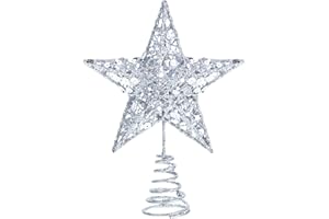 Blulu Christmas Star Tree Topper 6 Inch Glittered 3D Metal Star Treetop Topper Small Christmas Hollow Tree Decoration for Xmas Holiday Home Party Decoration Indoor(Silver)