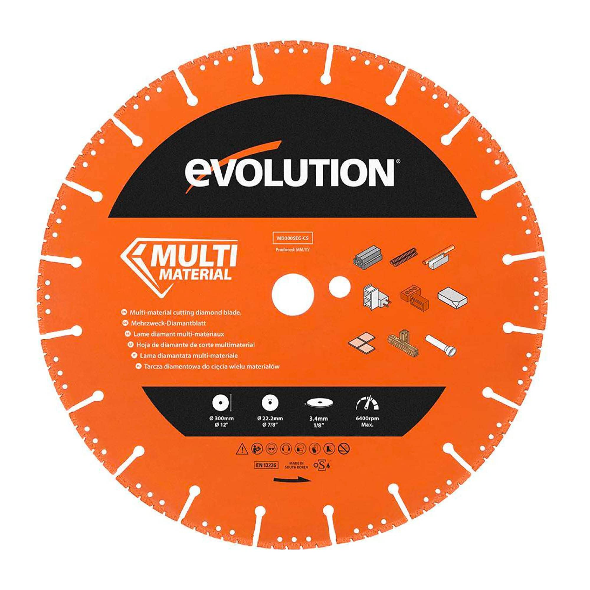 Evolution Power Tools MD300SEG-CS Multi Material Diamond Blade For Disc Cutters - Segmented Rim Removes Debris From Cut - Ideal for Cutting Metal, Brick, Tiles and Plastic, 300 mm