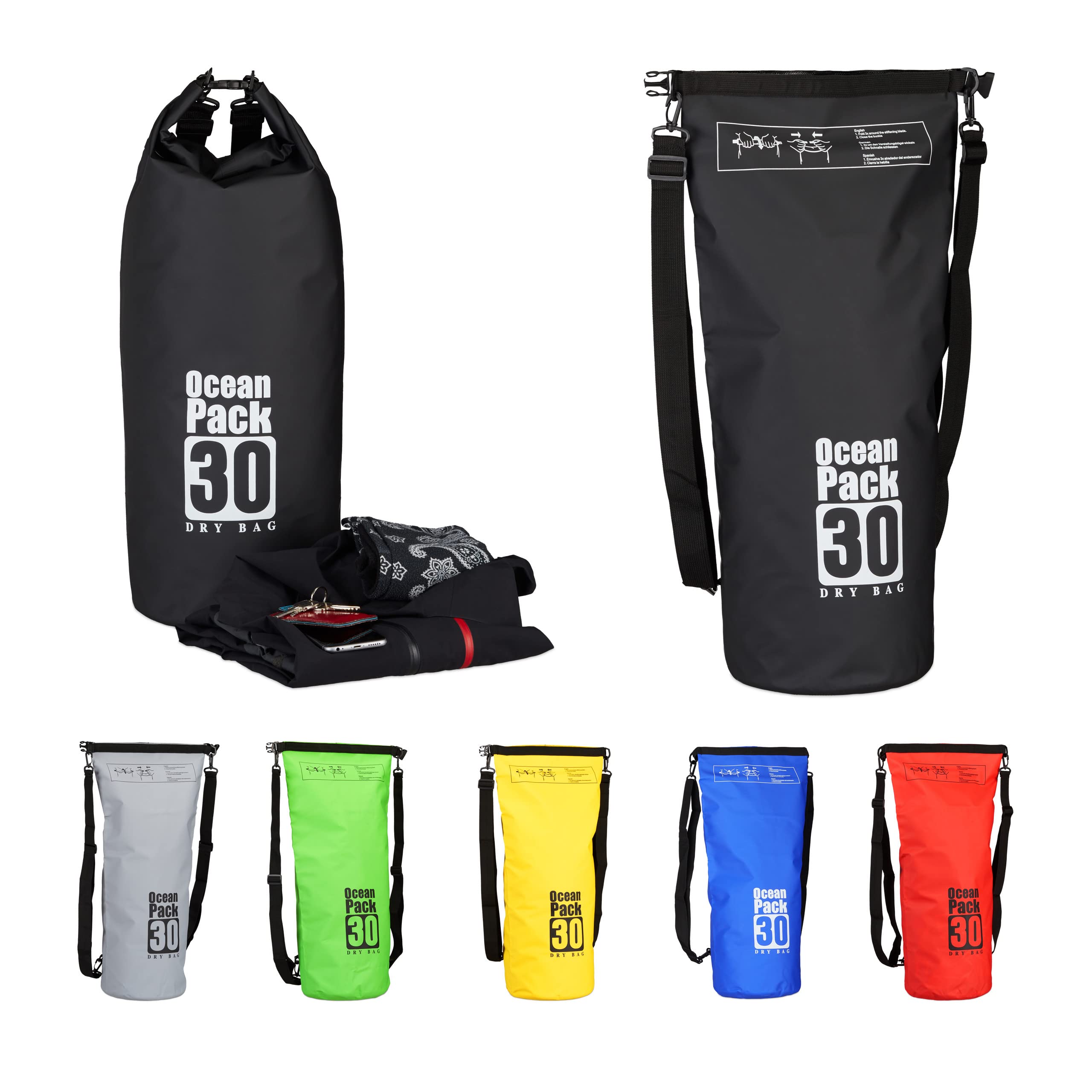 Relaxdays 30 L Ocean Pack, Waterproof Dry Bag for your Valuables, Lightweight Outdoor Gear, Black