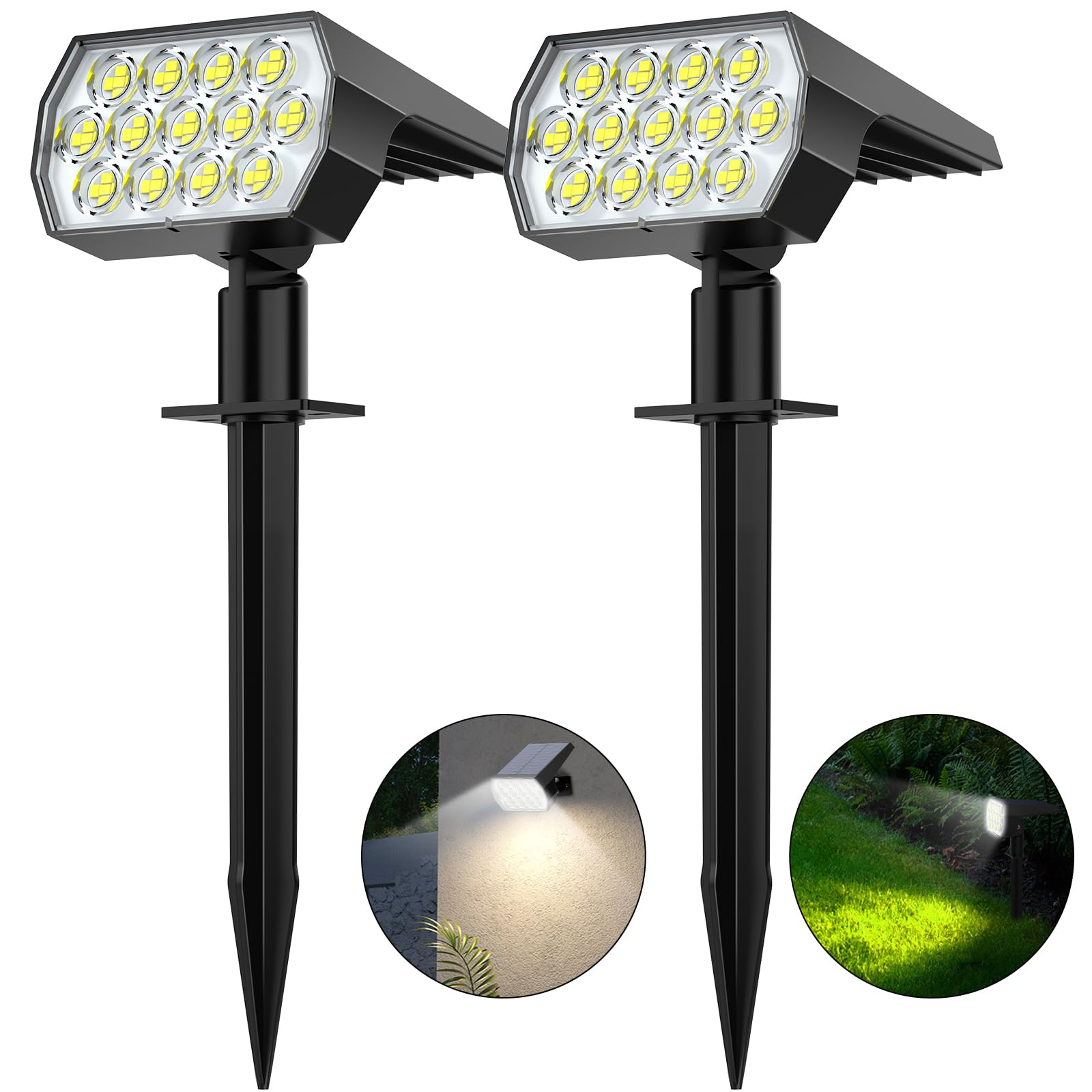 Flaow Solar Garden Lights, 65 LED Spot Lights Outdoor, 6500K Cool White Powered Waterproof Landscape Spotlights, Dusk-to-Dawn for Pathway Wall Porch, 2 Pack