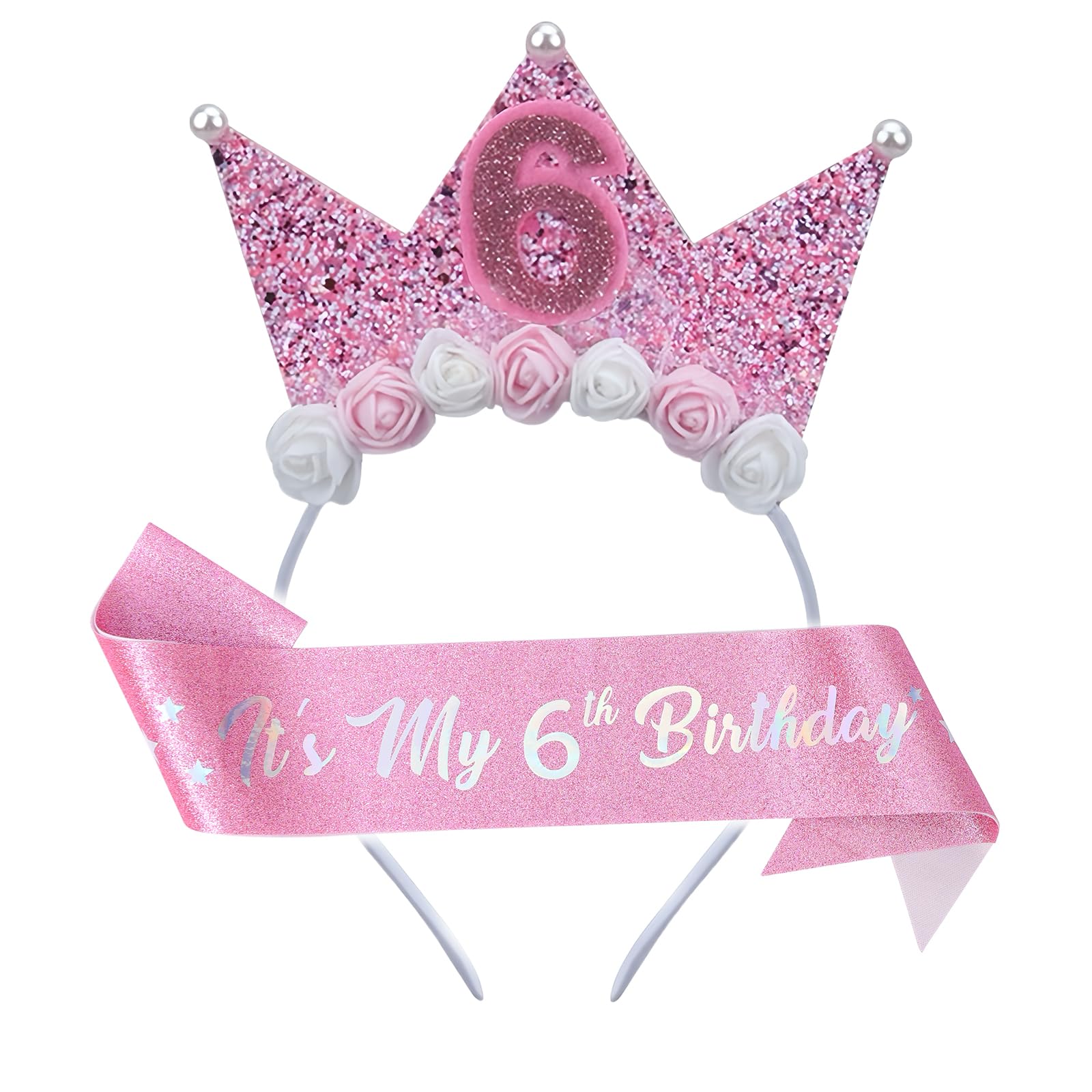 Leixi 6th Birthday Decoration for Girl,Pink Headband & Sash Set for Girl,Birthday Flower Princess Crown Headband for Outfit (Pink 6) — image 1