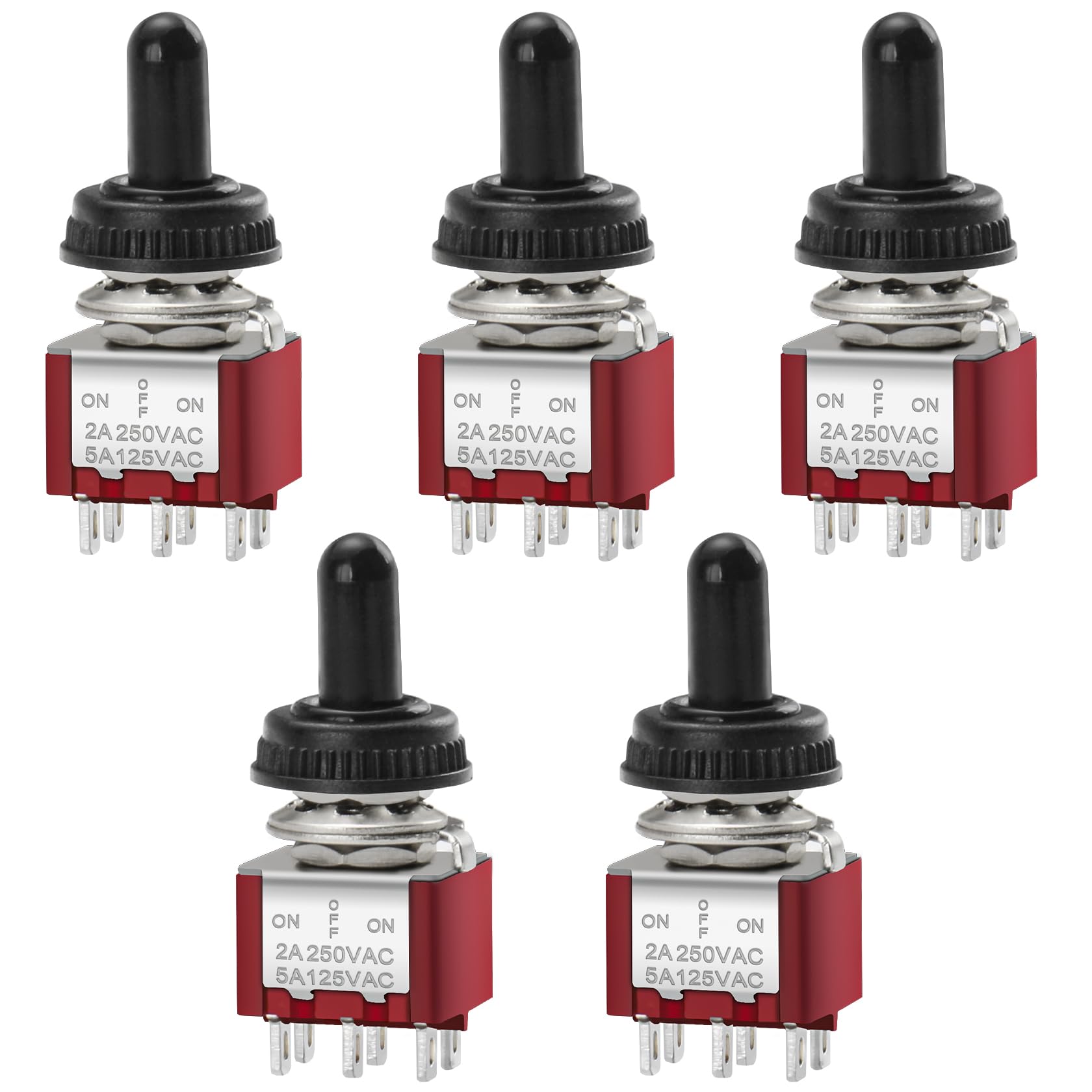 Heschen Mini Momentary Toggle Switch, MTS-223, (ON)-OFF-(ON), DPDT, 6 Pin, 2A 250V, 5A 125V, with Waterproof Cover, Pack of 5